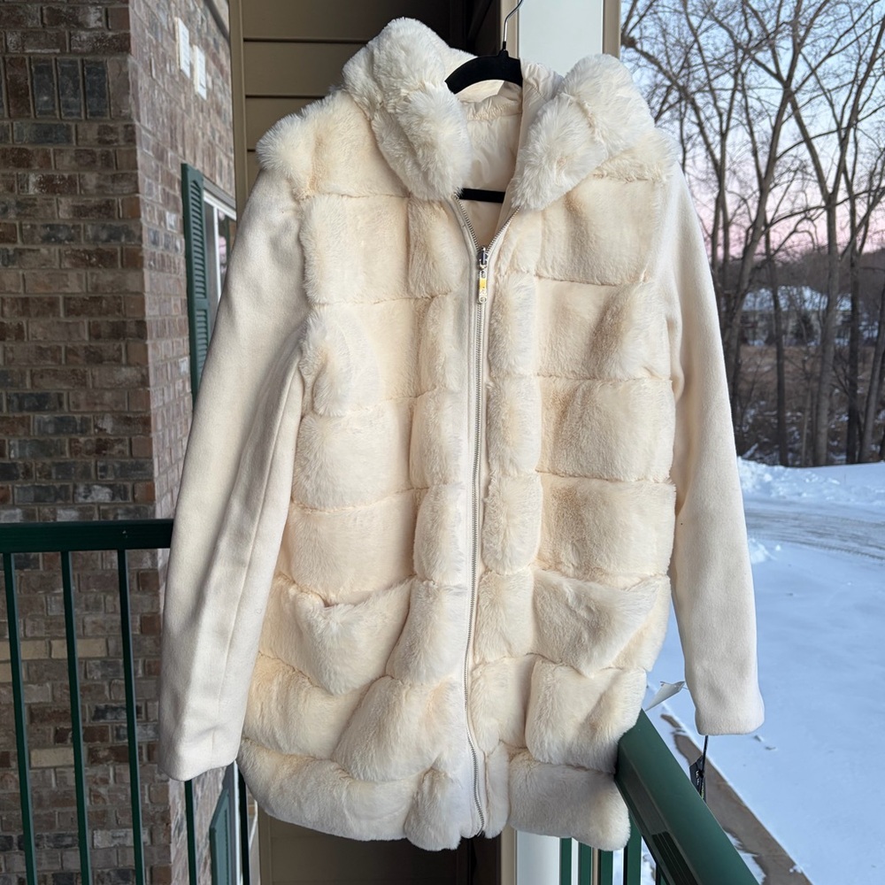 🆕❄️Sam Edelman Reversible Faux Fur Hooded Outwear Wool Coat Cream Jacket XL - Picture 3 of 17